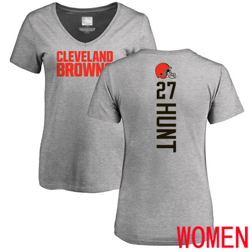 Cleveland Browns Kareem Hunt Women Ash Jersey #27 NFL Football Backer V-Neck T Shirt->women nfl jersey->Women Jersey
